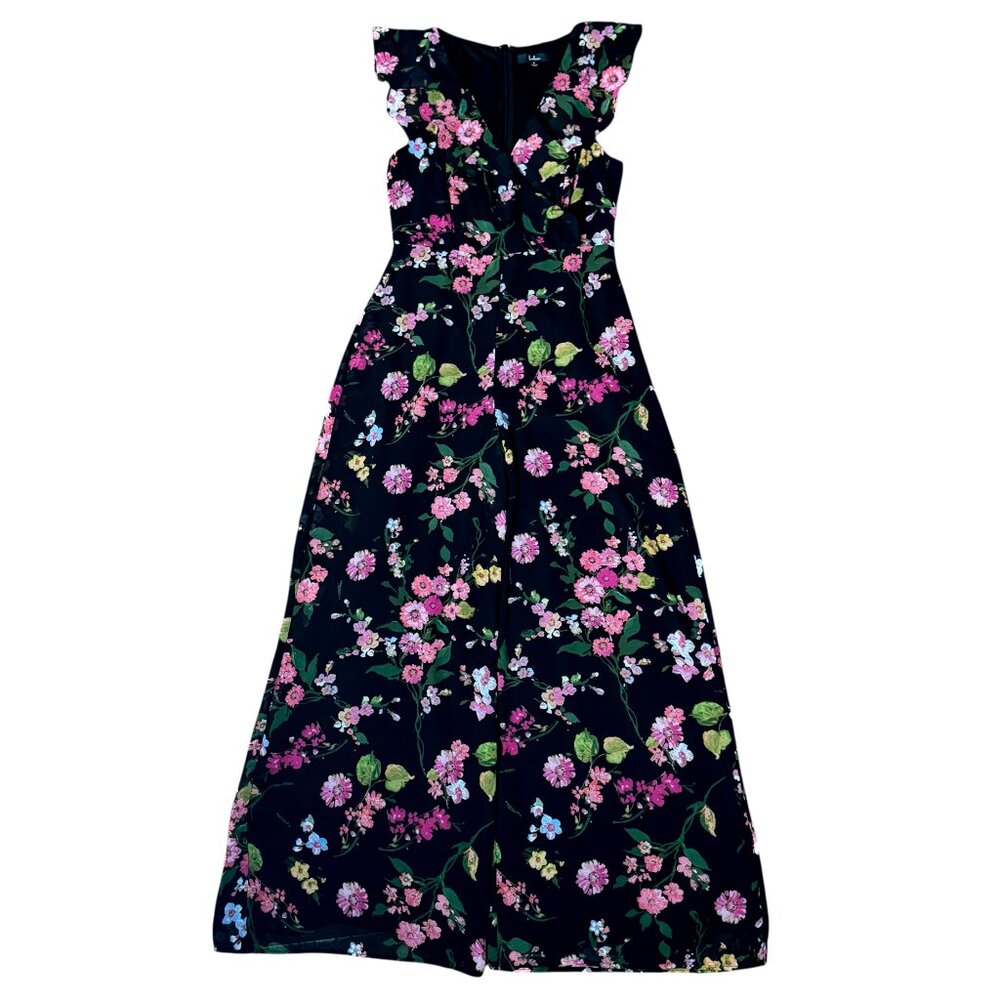 Lulus Blooming Love Black Floral Print Jumpsuit Ruffled Chiffon Women's Size S - Picture 6 of 11